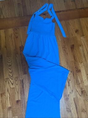 Lumiere Bright Blue Smocked Maxi Jumpsuit with Tie Straps